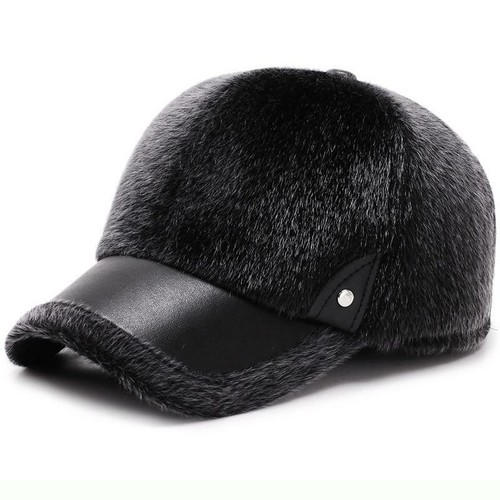 Baseballkappe dickes Leder Winter warm Herren Mütze Druckknopflasche Fell winddicht schwarz Papa - Bild 10 von 14