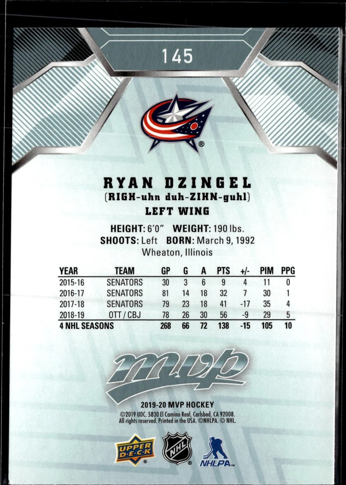 2019-20 Upper Deck MVP #145 Ryan Dzingel - Image 2 of 2