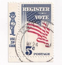 STAMP US SCOTT 1249 "Register Vote" 5 CENT 1964 USED WITH ZIP CODE