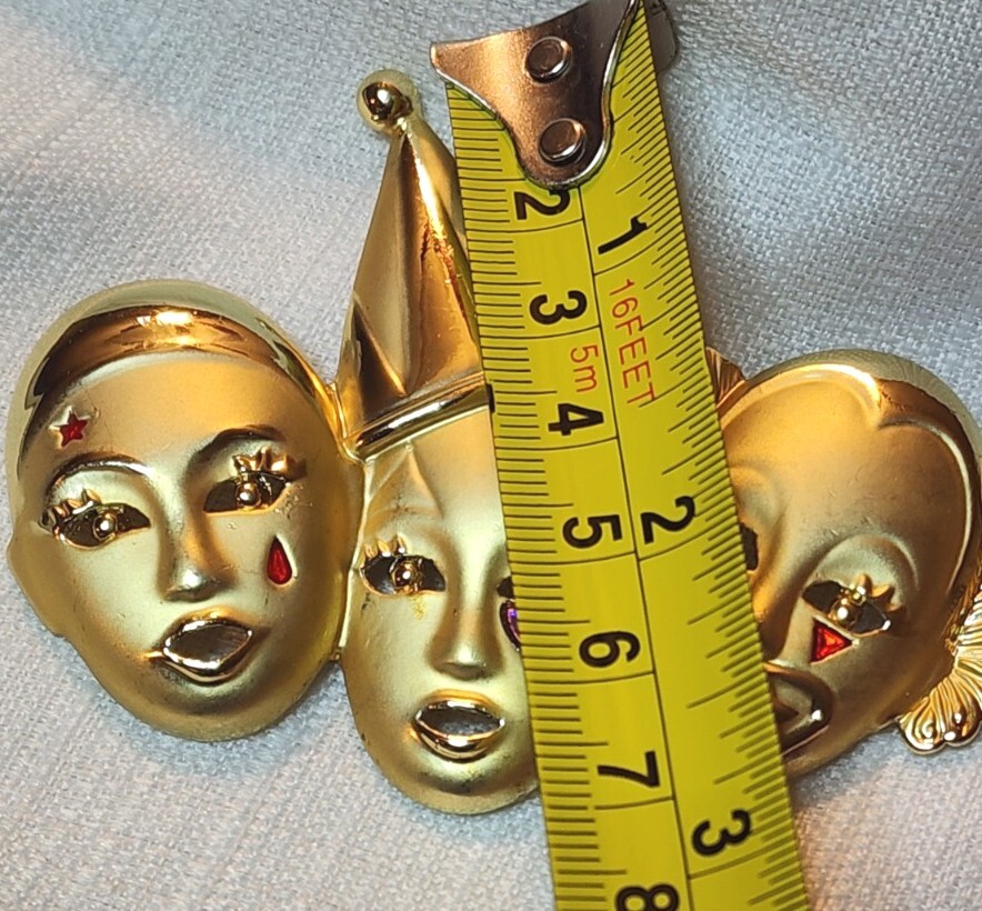 Triple Clowns Vintage Signed AJC Gold Tone Enamel Theater Masks Faces Brooch Pin