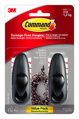 Command FC12-ORB-2ES Metal Hooks, Oil-Rubbed Bronze, 3-Lb., 2-Pk. - Quantity 4
