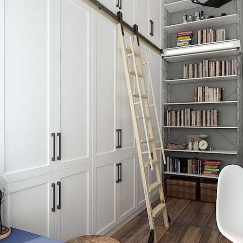 Natural Knotty Pine Wood Sliding Library Step Rolling Ladder With Grab Handrails - Picture 3 of 9