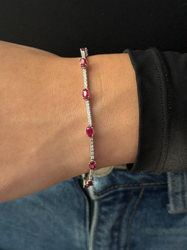 14k White Gold Natural Red Ruby & Natural White Diamond Pave Set Tennis Bracelet - Picture 7 of 15