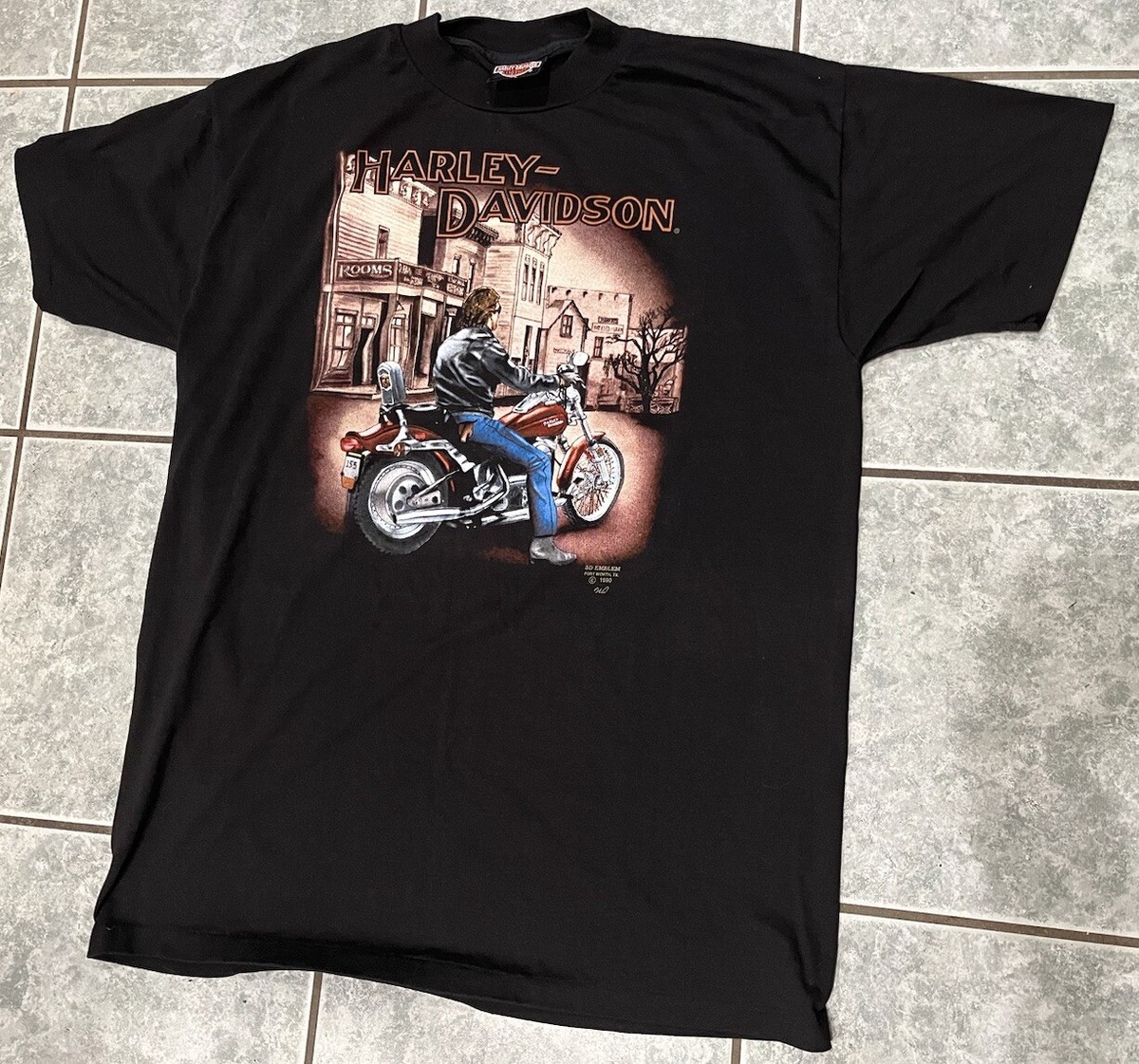 90s HARLEY DAVIDSON 3D EMBLEM フェード Tシャツ Vintage 1990 3D Emblem Harley Davidson Motorcycle Black T-Shirt XL