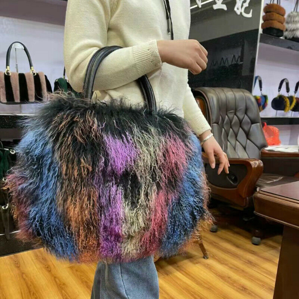 Women s Fur Bag Fashion Real Long Curl Fur Mongolian Sheepskin Fur