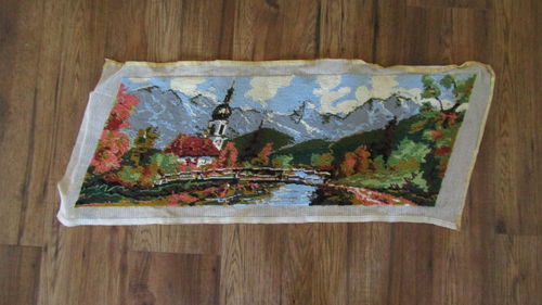 Vintage BRIDGE TO CHURCH LANDSCAPE Finished NEEDLEPOINT -11 1/2" by 31"- 1960's - Picture 4 of 4