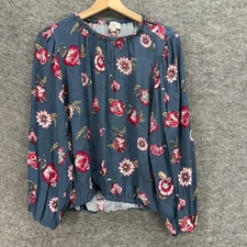 Loft Blouse Women M Medium Blue Floral Long Sleeve Crew Neck Rayon Casual