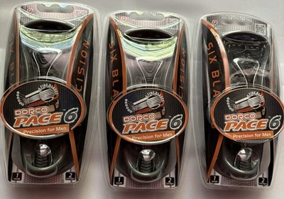 Dorco Pace 6 Six Blade Cartridge Razor Black/Silver/Orange Handle & 2 Cartridges