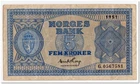 NORWAY,5 KRONOR,1951,P.25c,FINE