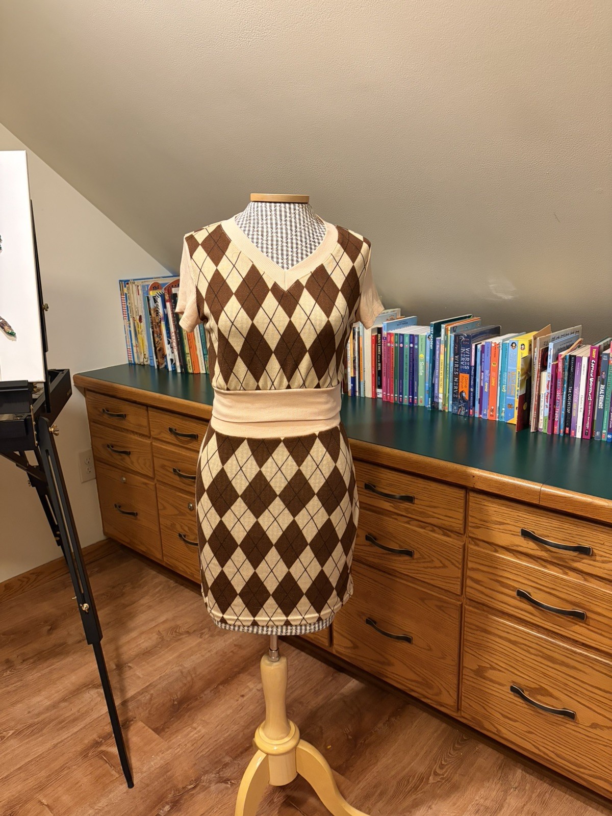 Mini Skirt Crop Top Set 2-piece Argyle Brown SHEIN Size 2 XS Women’s School Girl-image