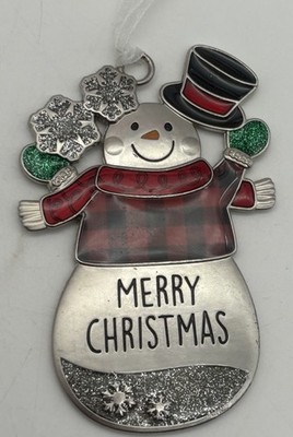 Metal Snowman Ornament Merry Christmas Buffalo Plaid Glitter Farmhouse Holiday 