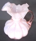 Vtg Fenton Ruffled Top Pale Pink Melon Glass Pitcher Vase, 4.5"