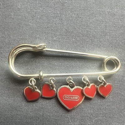 Coach Signed Silver-Tone Safety Pin Style Pin Brooch Red Enamel Heart Dangle