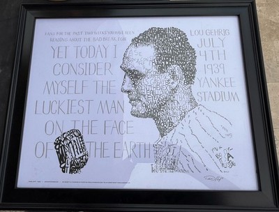 Art Of Words Lou Gehrig By Daniel Duffy Pencil Signed  23x 19 Framed Picture