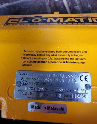EL-O-Matic ES0200 Pneumatic Actuator ATEX Explosion Proof 8 Bar Emerson