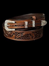 Basket  Vine Tooled Ranger Belts Western Leather Casual Dark Brown Handtooled