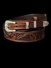 Basket & Vine Tooled Ranger Belts Western Leather Casual Dark Brown Handtooled