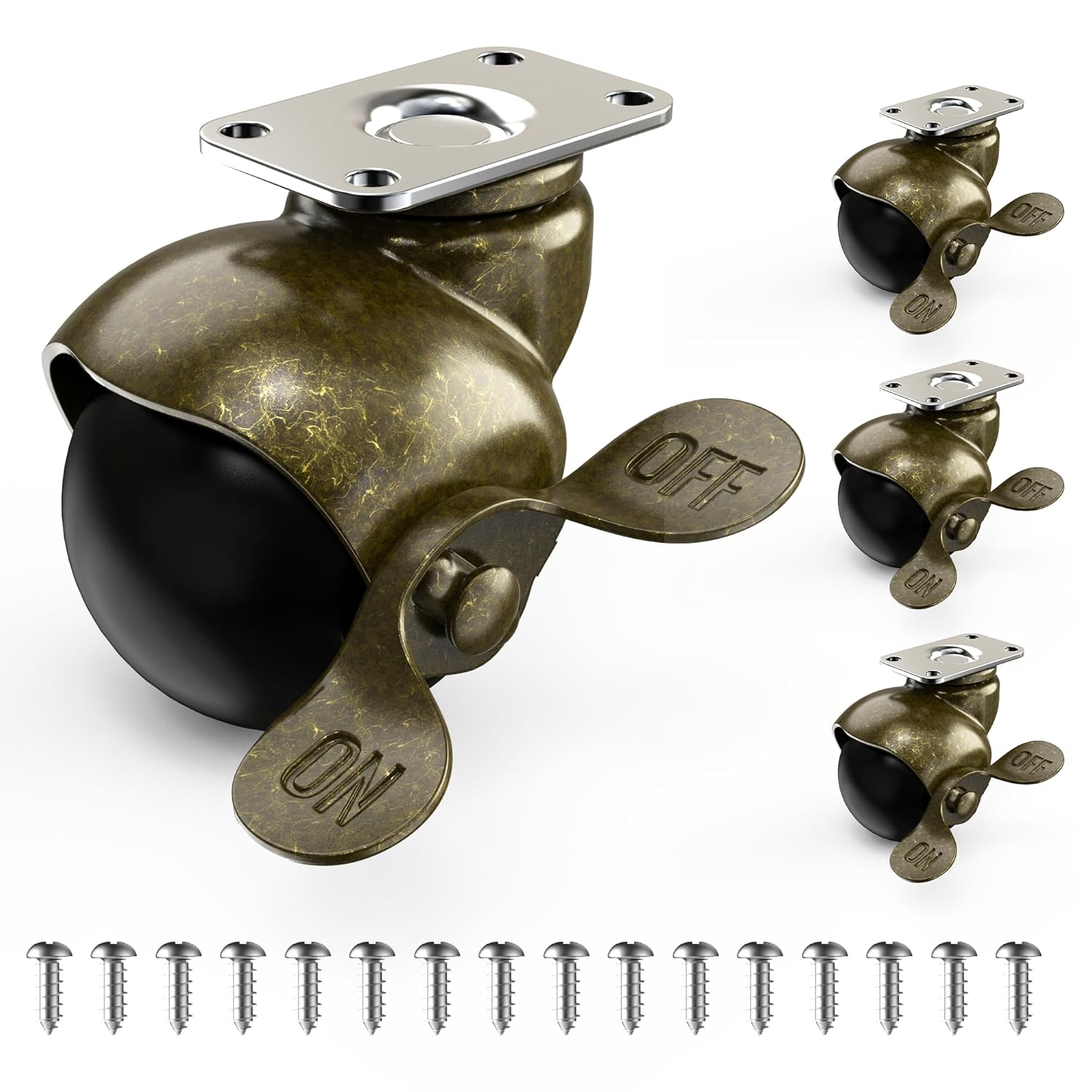 50mm Antique Style Ball Castors Set of 4 with Brakes 200kg Load 360 Swivel