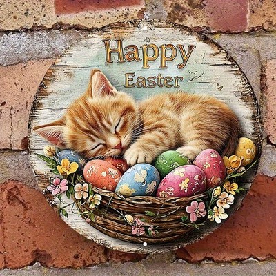 1pc Vintage Easter Cat Basket Metal Wall Decor-Easter Sign with Sleeping Kitten 