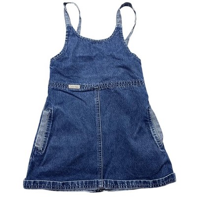 Vintage Calvin Klein Jeans Overall Dress Kids Med Blue Denim Mini Pinafore 90s