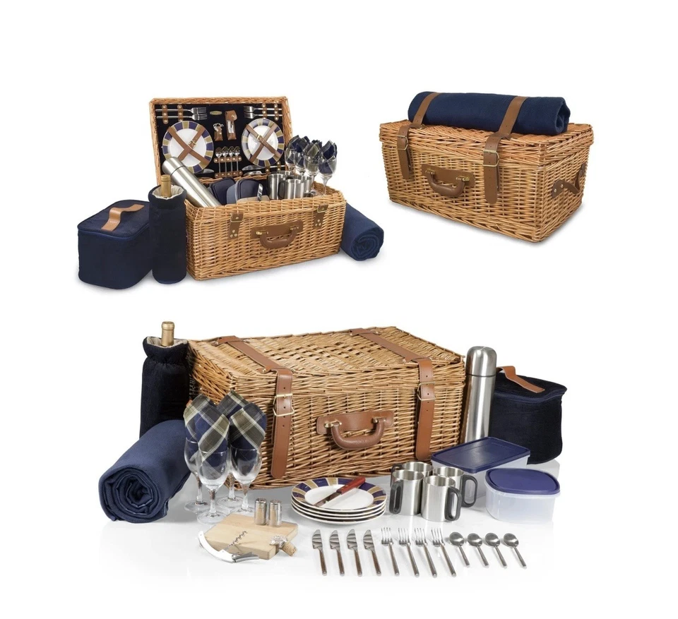 Cesta de piquenique de vime de luxo Windsor, conjunto de luxo para 4, azul marinho.  Novo! - Imagem 2 de 4