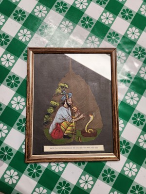 Hand Painted Painting of Snake Charmer on Peepal/Pipal Tree Leaf