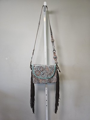 Myra Bag Crossbody Blue Brown Tooled Suede Leather Western