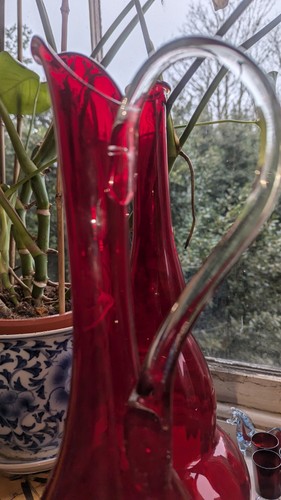 Hand Blown Large Empoli ? Glass Jug Pitcher Deep Red Handle Stunning Vintage - Picture 4 of 14