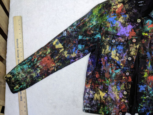 Acrylic Graffiti Splatter Mens M Black Jean Jacket Vtg 90s Hip Hop Smoke Free - Picture 4 of 10