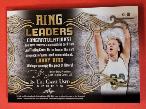 LARRY BIRD GAME USED JERSEY CARD #d13/25 2022 LEAF RING LEADERS Boston CELTICS - Bild 3 von 3