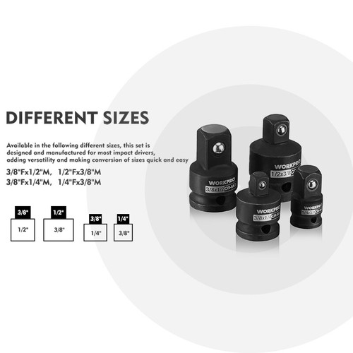 WORKPRO Impact Socket 4PC Set Adapter Reducer 1/4" 3/8" 1/2" Socket Adapter Sets - Picture 9 of 12