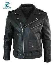 Men's Motorcycle Leather jacket Genuine Buffalo Skin Brando Style Black Biker ZP