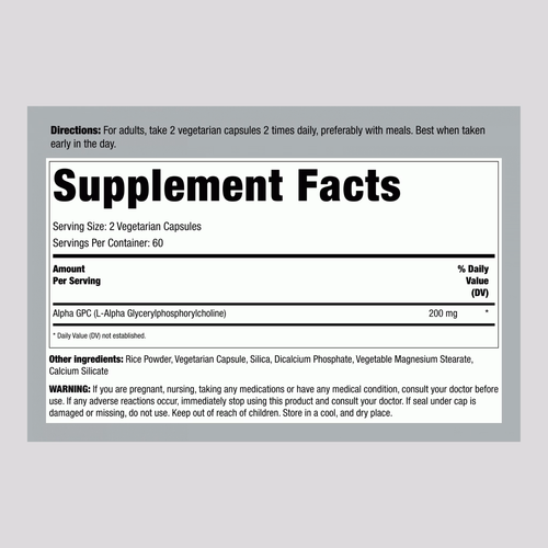 ALPHA GPC 200mg per serving 120veggie caps Memoria Concentracion Focus - Imagen 3 de 4