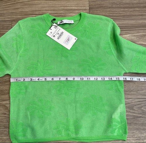 Zara Lime Green Metallic Floral Crop Mesh Long Sleeve Top sz M Bright & Colorful - Picture 7 of 10