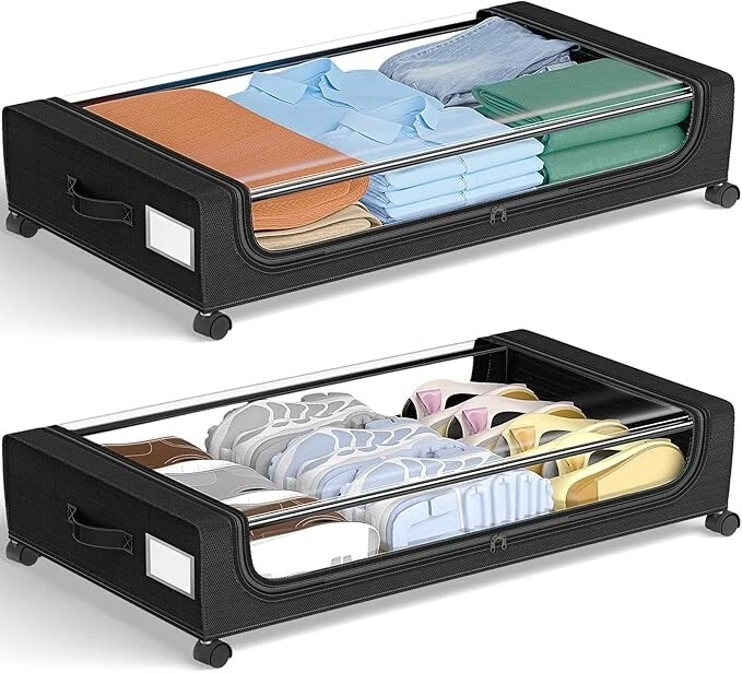 GoMaihe XXL Under Bed Storage | 2-Pack Rolling Bins with Clear Lids for Clothes - Image 2 of 4