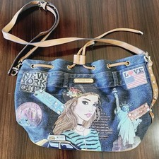 Nicole Lee New York Your Fav Jeans Leather & Denim Drawstring Bag Fun Artsy Bag