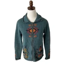 Planet Earth Cardigan Size M Green Chunky Heavy Knit Hand Loomed in Peru Cotton