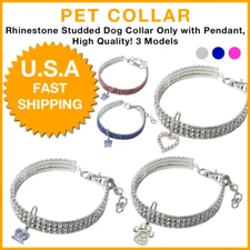 Luxury Diamond Rhinestone Studded Dog Pet Collar w/ Pendant Crown, Paw or Heart