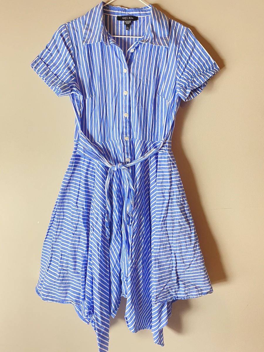 Ivy + Blu Dress 4 Blue White Striped Midi Handkerchief Hem Modest Short  Sleeve