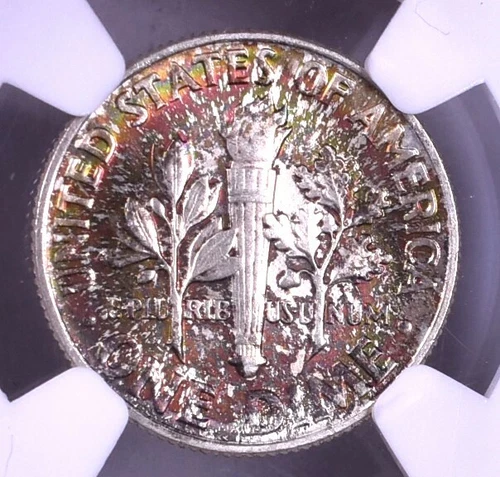 1964 Roosevelt Silver Dime - NGC UNC DETAILS Rainbow Toned Reverse!