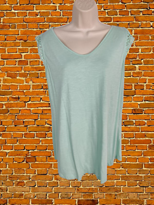 WOMENS WHITE STUFF UK 14 MINT GREEN CROCHET FLUTTER SLEEVE CASUAL T SHIRT TEE