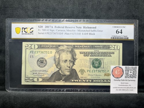 2017A $20 FRN Mismatched Suffix Error Richmond PCGS Choice Unc 64 FR. 7001-E - Picture 3 of 3