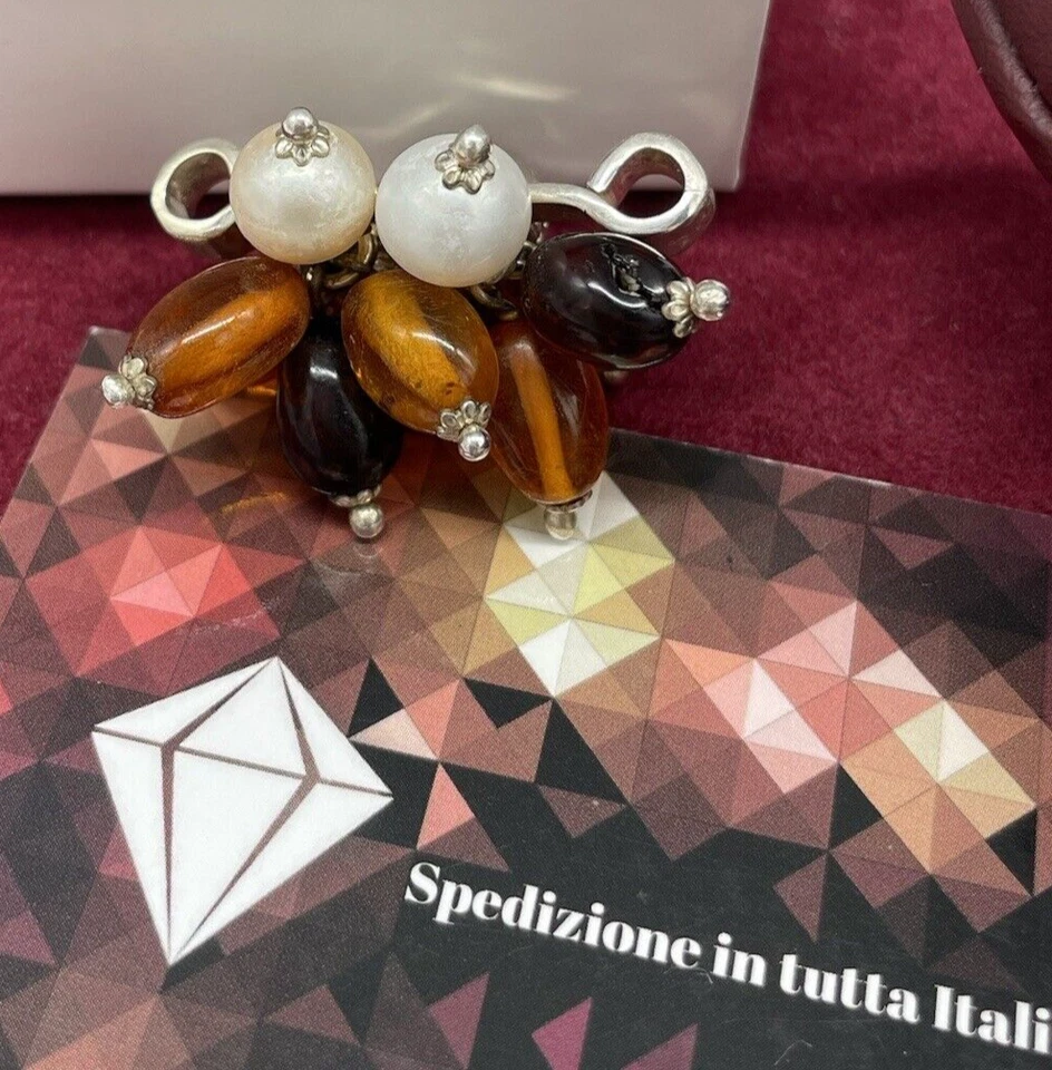 PENDENTE IN ARGENTO 925 VINTAGE GRAPPOLO DI PERLE PIETRE E AMBRA NATURALE DONNA. - Immagine 4 di 4