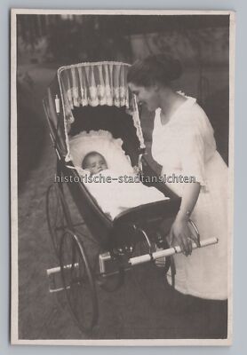 Happy Mother with Child in Pram - Vintage Photo 1910s 1920s