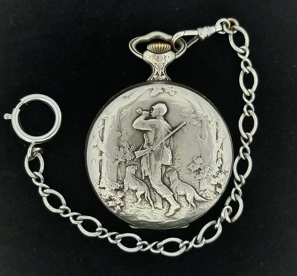 Antiguo Reloj Bolsillo Suizo Hebdomas Arnex 8 Días - 50mm con Escena de Cazador - Funciona Foto 2 de 4