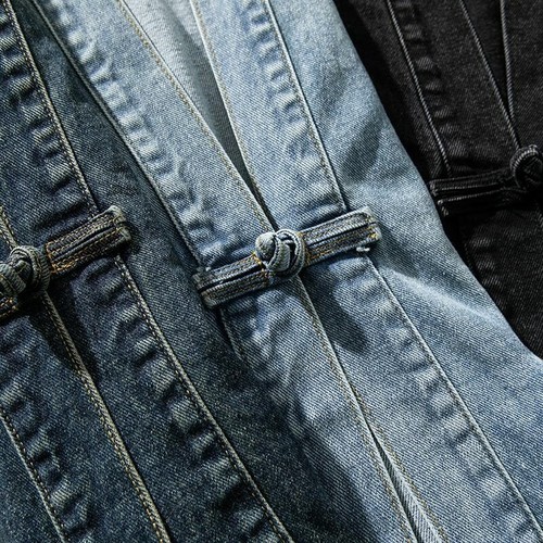 Hombres Retro Denim Botón Suelto Abrigo Estilo Chino Tang Zhuang Jean Chaquetas Informales - Imagen 5 de 15