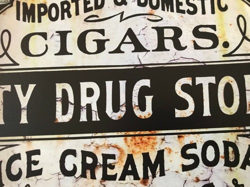 Antiqued Old City Drug Store Double Sided Flanged Country Steel Sign 13.2 x 20 - Picture 3 of 4