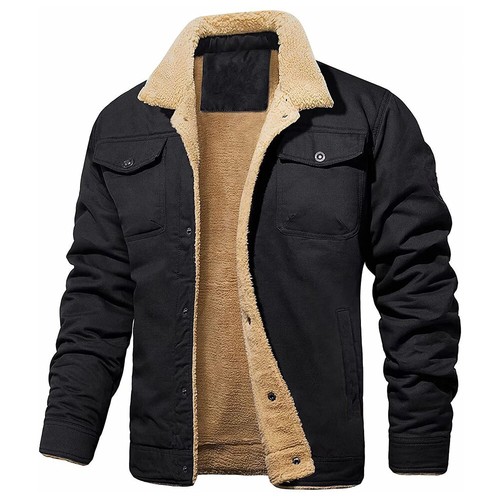 Mens Fleece Lined Cargo Jacket Coat Trucker Sherpa Fur Collar Lapel Outwear Top/ - Picture 9 of 18