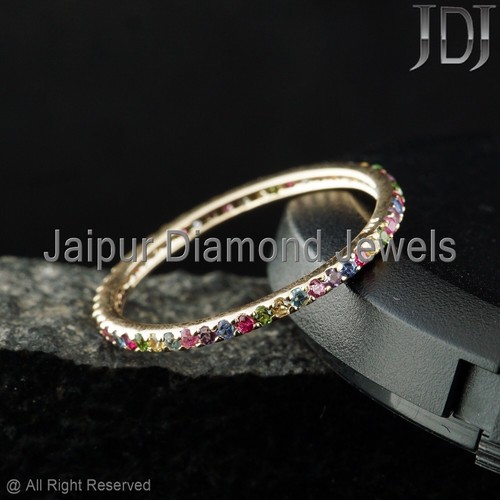 Eternity Band Ring Natural Multi Gemstone Solid 14k Yellow Gold Stackable Ring - Picture 9 of 14