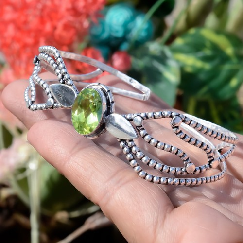 Faceted Peridot Gemstone Bangle 925 Sterling Silver Beautiful Crafted Bracelet - Picture 5 of 12